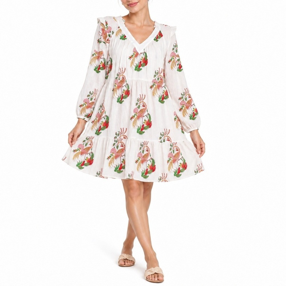 Ro's Garden Dress Women L White Peacock Floral Block Print Boho Flutter Sleeve